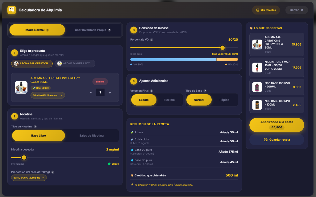 Interfaz de la Calculadora de Alquimia